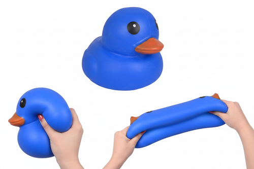 Blue squishy duck being stretched by hands